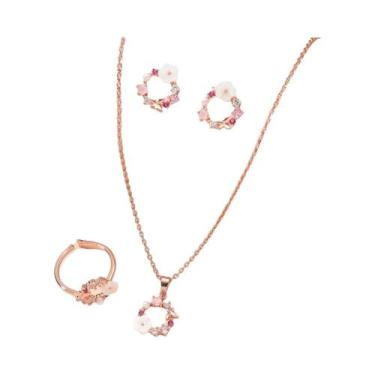 Imagem de Conjunto De Joias Femininas Em Ouro Rosê Com Flores, Colar, Anel E Bri
