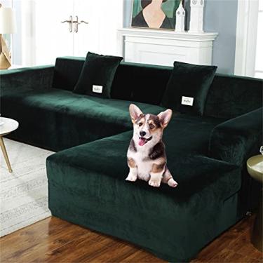 Imagem de Capa de sofá secional, capas deslizantes de veludo espessas para sofá, sofá cama secional antiderrapante capa de sofá cassa divã protetor de sofá em forma de L para 1 2 3 4 lugares-verde escuro 3 assentos 190-230cm-1 peça