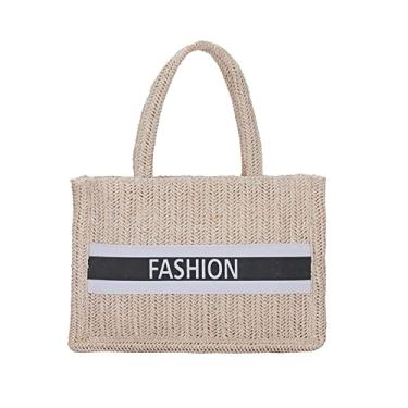 Imagem de Bolsa tote Boho Straw para mulheres com zíper moda grande bolsa de praia feita à mão bolsa de ombro, Branco