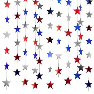 Imagem de Patelai Decoração guirlanda de estrela com glitter, faixa de 30 metros de estrela, pano de fundo brilhante para formatura, baile de formatura, casamento, aniversário, festa de Natal (vermelho prata