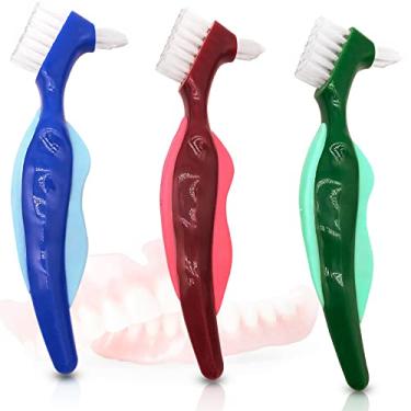 Imagem de Escova de dentes rígida premium para dentadura, escova de limpeza, cerdas de múltiplas camadas e escova de dupla face portátil para dentadura, cuidados com dentaduras (pacote com 3)