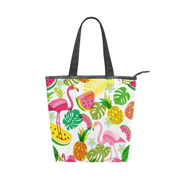 Imagem de Bolsa feminina de lona durável para o verão, tropical, rosa, flamingo, melancia, abacaxis, sacola de compras de grande capacidade