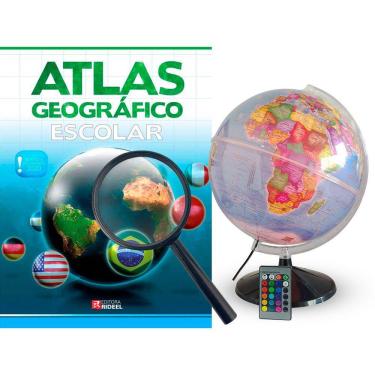 Imagem de Kit Globo Terrestre Profissional Prisma RGB 30cm + Lupa +  Livro Atlas Escolar Com Divisão De Países Base Em Plástico