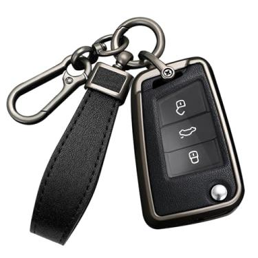 Imagem de HIBEYO Capa de Chave para VW Golf 7 - Volkswagen Polo Tiguan MK7 Sagitar T-ROC Lavida - Acessório com Chaveiros Liga PU Material de Couro Protetor de Porta-Chaves - Preto
