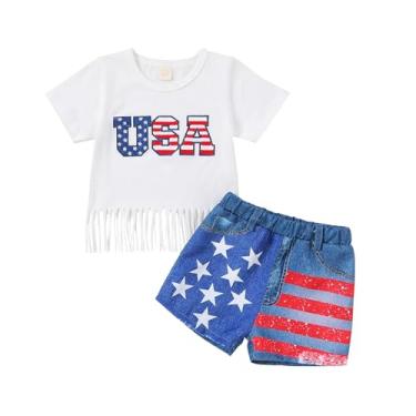 Imagem de Noubeau Camiseta para bebês meninas 4 de julho com letras dos EUA, manga curta, borlas, top e listras estrelas, conjunto curto com bandeira americana, Borlas, 3-4 Anos