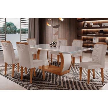 Imagem de Sala De Jantar Completa Jade Tampo Madeirado C- Vidro Curvo 180x90 E 6 Cadeiras Amsterdã Capuccino-suede Creme - Rufato