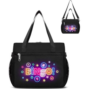 Imagem de FOKDUVB Bolsa de bingo para Daubers Dabbers Dobbers Dotters resistente à água bolsa de acessórios de bingo com bolsos para adultos idosos (preto)