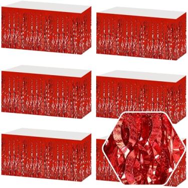 Imagem de Pacote com 6 saias de mesa com franja ondulada vermelha de 73 x 272 cm, faixa metálica para decoração de guirlanda de tinsel para boias de desfile, dia das mães, Páscoa, graduação, aniversário,