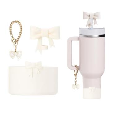 Imagem de AXMCCH Tampa de garrafa de silicone de 7,5 cm e topo de canudo em forma de laço de 10 mm para copo Stanley de 340 a 1,134 g (3 peças branco creme)