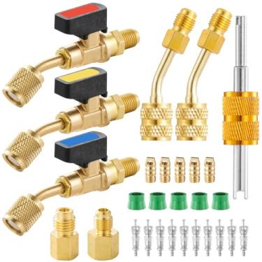 Imagem de Conjunto de válvula esférica angular de refrigerante AC, válvula de esfera angular de refrigerante de ar condicionado 1/4 a 5/16, mini adaptadores divididos R410A com adaptador de tanque de