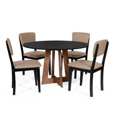 Imagem de Mesa De Jantar Redonda Montreal Pret/nor Com 4 Cadeiras Estofadas Ella Preto/marrom Claro