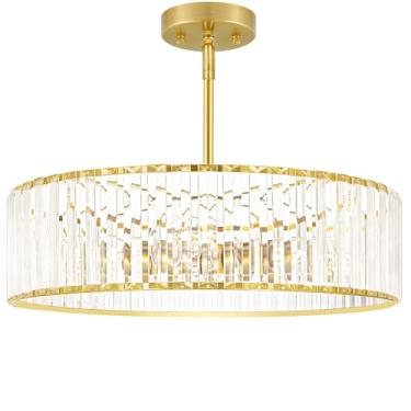 Imagem de Lxybcce Lustre De Cristal Dourado Para Sala Jantar, Luminárias Teto Semi-Embutidas Modernas Com 6 Luzes, Redondas Cozinha, Pendentes Tipo Tambor Estar, Quarto, Hall Entrada, 19 Pol., E26