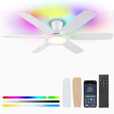 Imagem de BYKISTOK Ventilador de teto de montagem embutida de 55 polegadas com luz RGB - Ventilador de teto moderno branco com 6 lâminas de dupla face, motor CC reversível, luminária de ventilador de baixo