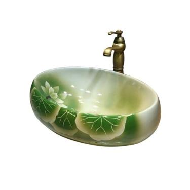 Imagem de Bacia de pia de vaso de banheiro lavatório quadrado oval de cerâmica lavatório de lótus pintado à mão pia de banheiro antiga lavatório de bancada de banheiro com acessórios lavatório acima do balcão
