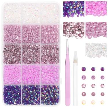 Imagem de 16.000 peças de pérolas planas de strass para deslumbrante, strass de resina de geleia roxa, pérolas de unhas meio redondas para artesanato, joias faça você mesmo, maquiagem facial com lápis e pinça