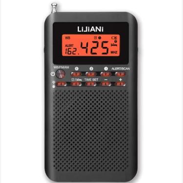 Imagem de Rádio FM NOAA Weather AM portátil operado por 2 pilhas AA com fone de ouvido estéreo, visor LCD, despertador digital, temporizador de sono, alto-falante embutido