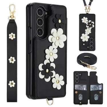 Imagem de Capa carteira de couro para Samsung Galaxy Z Fold6 com 4 compartimentos para cartão, fecho magnético, suporte, design floral, alça de pulso/transversal - TPU macio e proteção elevada (preto)