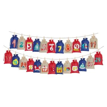 Imagem de Fancyes 24 peças de sacos de calendário de advento de Natal com clipes de madeira, suprimentos para festas, lembrancinhas, sacos de presente, bolsa de estopa, Linho Azul Vermelho