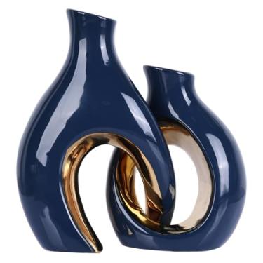 Imagem de Vaso azul marinho com detalhes dourados escultura moderna estilo litorâneo para casa vaso de flores contemporâneo, arte abstrata, decoração de luxo, decoração de mesa, enfeite de mesa boêmio pequeno