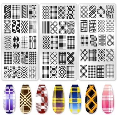 Imagem de Benikmake 3 peças de molde de carimbo de unha xadrez de Natal clássico estêncil inoxidável para salão de manicure tema outono 6 x 12 cm 6 x 12 cm