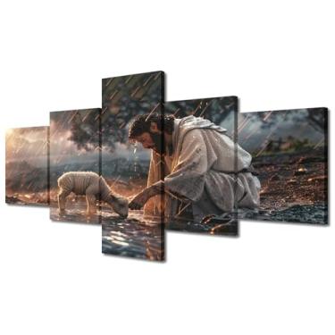 Imagem de Jesus Rescues Lost Lamb Wall Painting Jesus and the Sheep in the Wind and Rain Pictures Modern Wall Art Posters & Prints 5 peças tela foto emoldurada pronta para pendurar para sala de estar escritório