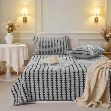 Imagem de Conjunto de colcha de veludo boêmio de luxo de 3 peças, tamanho Queen, leve e decorativo, para todas as estações, cobertor macio com 2 fronhas, cinza claro