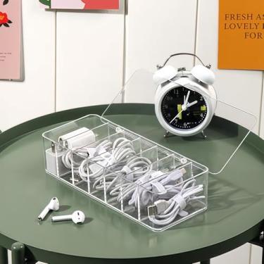 Imagem de Organizador de cabos transparente com 7 compartimentos, caixa de gerenciamento de cabos de plástico organizador de cabos para mesa, escritório em casa