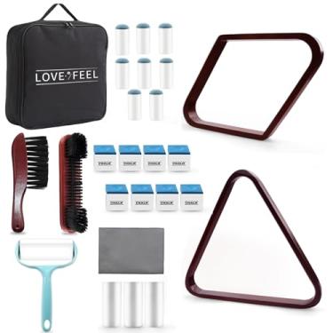 Imagem de Conjunto de 22 acessórios de mesa de sinuca, rack de bilhar de madeira, triângulo de piscina, rack de diamante para bolas de 6,5 cm, escova de mesa de sinuca, giz de piscina, pontas de taco, rolo de