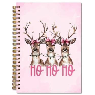 Imagem de Exqcom Caderno de presente espiral de rena de Natal rosa, diário de animais de veado com laço rosa para mulheres, caderno de capa dura de Natal Hohoho, material escolar, 14 x 21 cm