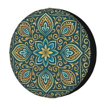 Imagem de KiuLoam Capa de pneu de reserva turquesa Boho Mandala universal proteção solar à prova d'água para Jeep Trailer RV SUV Caminhão e muitos veículos (35,56 cm para diâmetro 58,44 cm - 68,5 cm)