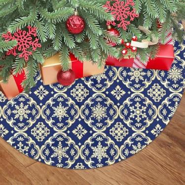 Imagem de Saia de árvore de Natal dourada azul 121 cm com estampa de blocos de floco de neve de Natal para tema de férias de inverno, sazonal, ao ar livre, casa de fazenda, decoração de festa de ano novo