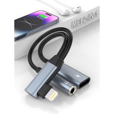 Imagem de Adaptador de carregador e fone de ouvido para iPhone de ângulo reto atualizado 2 em 1 Lightning para áudio AUX de 3,5 mm + dongle divisor de carregador Lightning para iPhone 14/13/12/11 Pro Max/Pro
