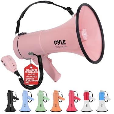 Imagem de Pyle Megafone Bullhorn de 50 W - portátil, sirene automática e volume ajustável, alcance de projeção de até 1200 jardas quadradas, entrada auxiliar, talk, sirene, música, apito e gravação, alça de