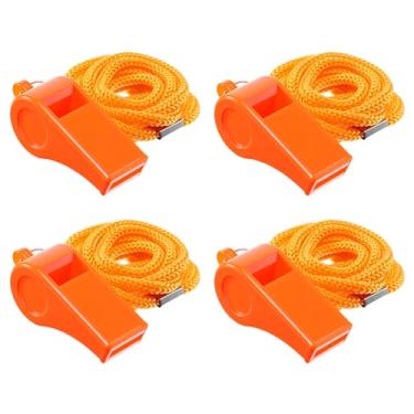 Imagem de LXUEJIE 4 apitos esportivos super altos com cordão, apitos laranja de ônibus apitos de emergência agudos, apitos de plástico alto de 120 dB para passeios de barco, natação, caiaque, sobrevivência na