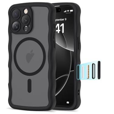 Imagem de BTBTCASE Capa compatível com iPhone 16 Pro Max de 6,1 polegadas 2024, linda moldura ondulada kawaii à prova de choque translúcida fosca protetora magnética 16 Pro Max para mulheres e meninas, preta