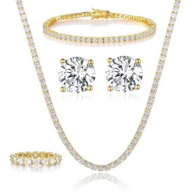 Imagem de Gemsme Conjunto de 4 colares de tênis banhados a ouro amarelo 18K / pulseira/brincos/anel de banda, Latão, Zircônia cúbica