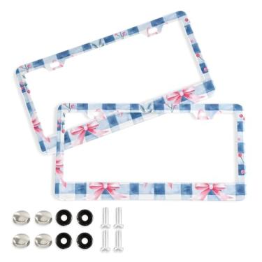 Imagem de Wassud Moldura decorativa para placa de carro com estampa quadriculada de arco de alumínio, 2 unidades, suporte universal para placa de licença para carros padrão dos EUA