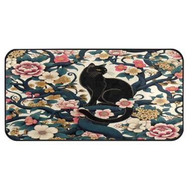 Imagem de Burbuja Tapete de cozinha de gato preto com flores 51 x 99 cm, tapete antiderrapante lavável com suporte de borracha, tapete para cozinha, sala de estar, banheiro, decoração de casa