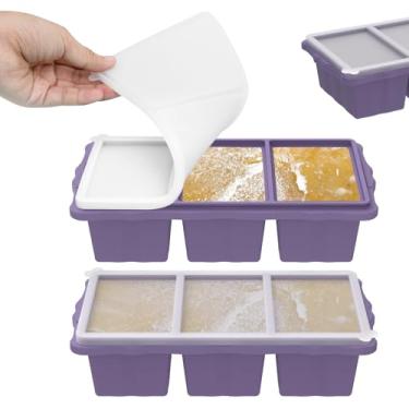 Imagem de 2 bandejas de silicone para freezer com tampa, 3 xícaras de recipientes de silicone para congelador de sopa com alça antiderrapante, bandeja grande de cubos de gelo de 250 ml/1 xícara para armazenar