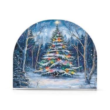 Imagem de xigua Um suporte de guardanapo de árvore de Natal com neve para mesas, porta-guardanapos de papel de placa acrílica elegante, dispensador de papel de seda independente moderno para jantar, sala de