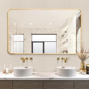 Imagem de xixi-home Espelho de banheiro 59,9 x 80 cm Espelho de parede retangular emoldurado de metal moderno decorativo espelho de vaidade de canto quadrado espelho de fazenda (quadrado dourado)