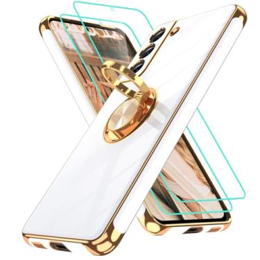 Imagem de Gritup Capa para Samsung Galaxy S21 FE | 2 peças protetoras de tela | Suporte magnético de rotação de 360°, capa protetora à prova de choque de TPU macio com borda dourada banhada a ouro para S21 FE