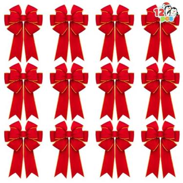 Imagem de JOYIN 6 peças de laços de veludo vermelho de Natal 35,5 x 30,5 cm, arco de veludo vermelho com bordas douradas de Natal para decoração de guirlanda de casa de Natal