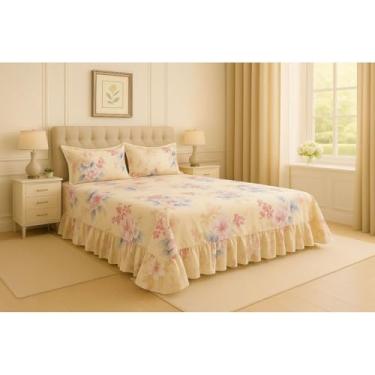 Imagem de Kit Lençol Queen 3 Peças Micropercal Toque de Algodão com Babado e Fronhas Premium (Creme Minimal)