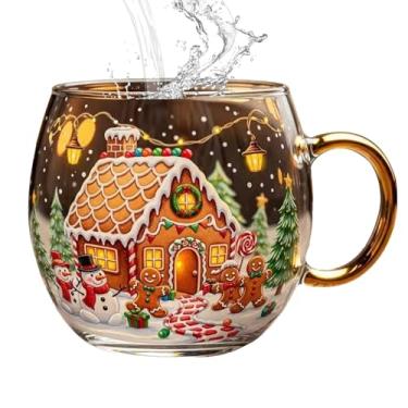 Imagem de Hamosky Canecas de Natal, caneca de café de árvore de Natal de 300 ml, caneca de café de vidro com padrões de férias, copo de café, recipiente de bebida festiva resistente ao calor para cacau quente