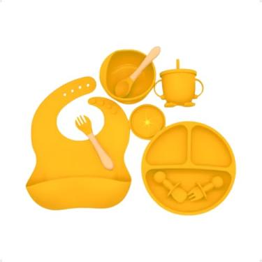 Imagem de Kit Introdução Alimentar Bebe 8 Peças Silicone Iniciação Para Alimentos Livre de BPA Atóxico Antibacteriano Seguro Sem Pontas Colher, Garfo, Copinho, Pote e Pratinho - Amarelo