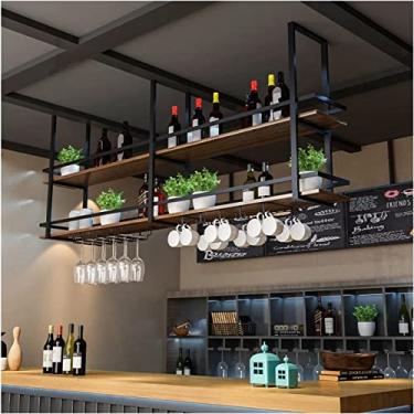 Imagem de Suporte de garrafa de vinho para pendurar no teto, suporte de garrafa de vinho, prateleira para pendurar no teto, prateleira de montagem industrial no teto, 2 camadas, suporte de armazenamento de