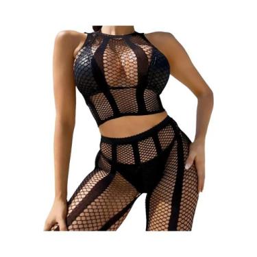 Imagem de Bodystocking Sexy Transparente De Rede Com Recortes Vazados, Roupa De 