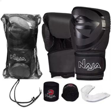 Imagem de Kit Luvas De Boxe E Muay Thai Naja Black Line + Bandagem + Protetor Bu