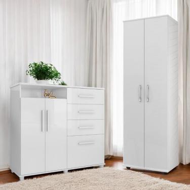 Imagem de Conjunto Cômoda e Armário Multiuso Conjunto Helena e Safira 5 Gavetas Branco Mobiliar Home Shop